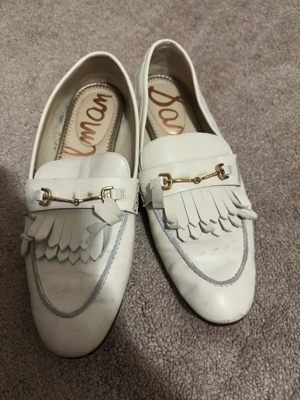 Sam Edelman White Leather Tassel Horsebit Loafers